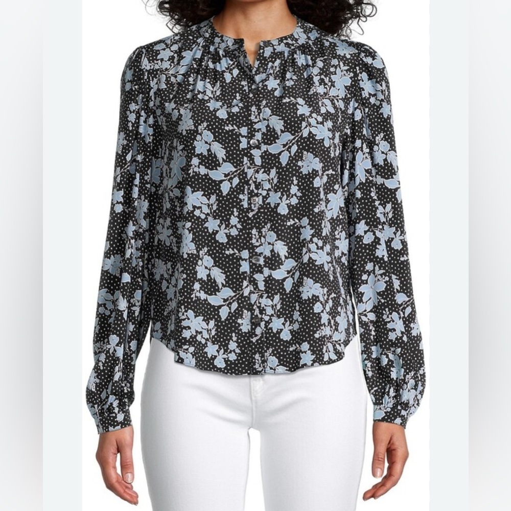 Veronica Beard Black Floral Print Long-Sleeve Blouse with Light Blue Accents